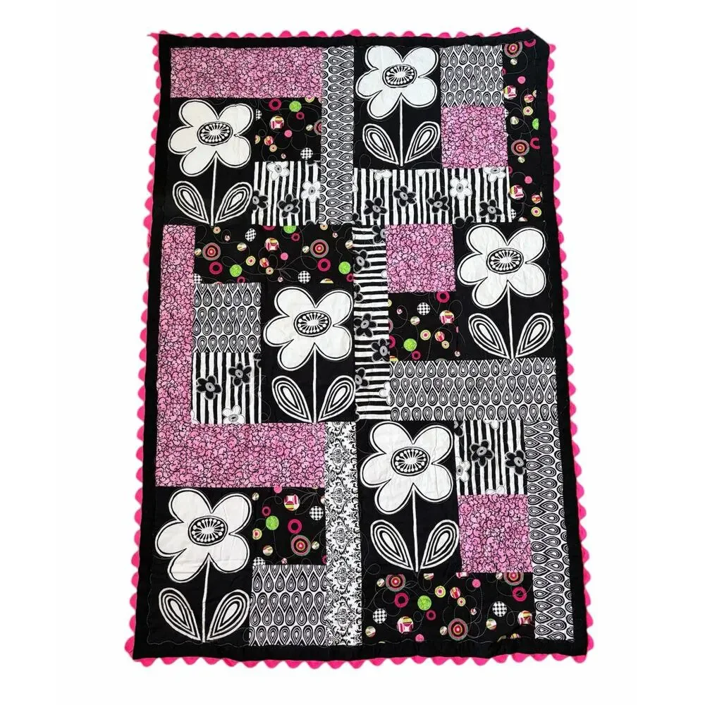 Handmade Double Sided Pink Black & White Patchwork Crib Baby Quilt 39